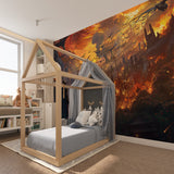Dragon fantasy wallpaper transforming media room with gothic architecture details