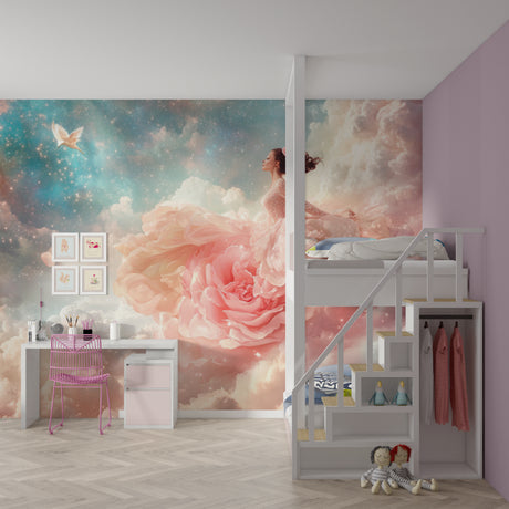 Princess wallpaper mural creating magic in a little girl's bedroom with soft pink lighting and white furniture