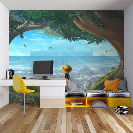Fantasy Castle Wallpaper creating depth in modern living room, framed by natural window light