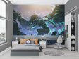 Fantasy angel wallpaper creating a stunning focal point in a modern living room with purple and blue glowing effects