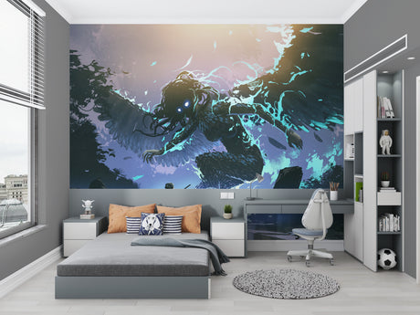 Fantasy angel wallpaper creating a stunning focal point in a modern living room with purple and blue glowing effects