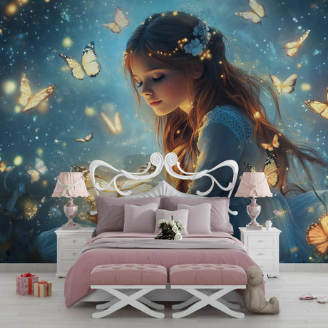 Princess butterfly wallpaper bringing magic to a girl's bedroom with soft turquoise and gold accents