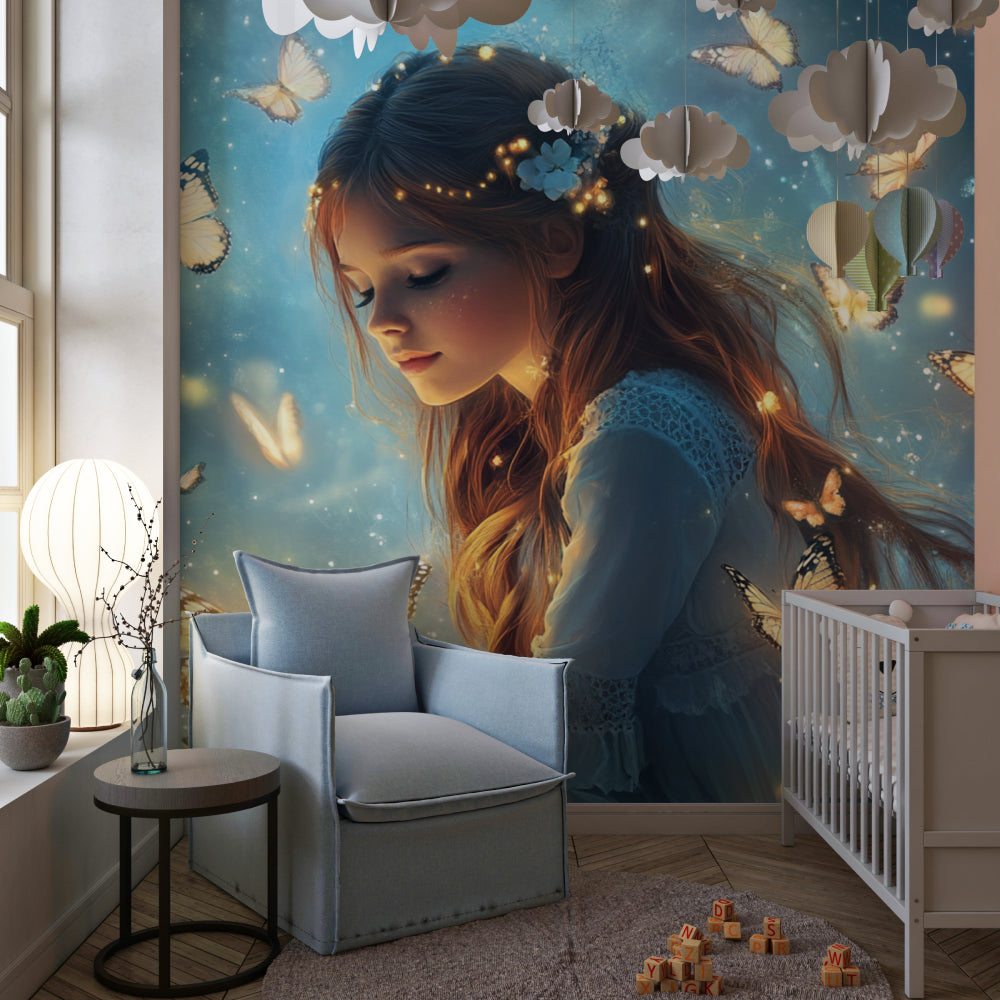 Enchanted butterfly princess mural creating wonder in a nursery with gentle lighting