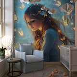 Enchanted butterfly princess mural creating wonder in a nursery with gentle lighting