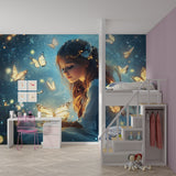 Princess butterfly mural adding elegance to a reading nook with golden accents