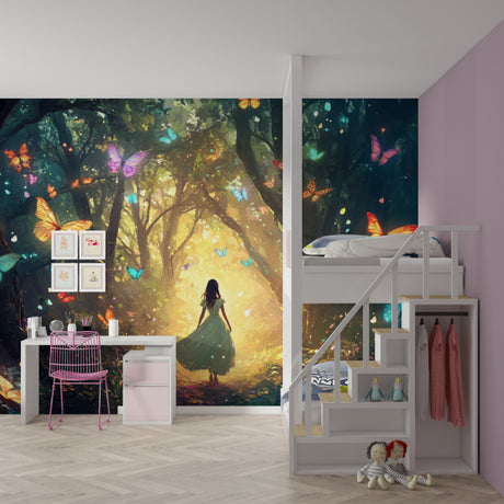 Enchanted forest wallpaper with butterflies in a bright girl's bedroom, creating a magical reading nook