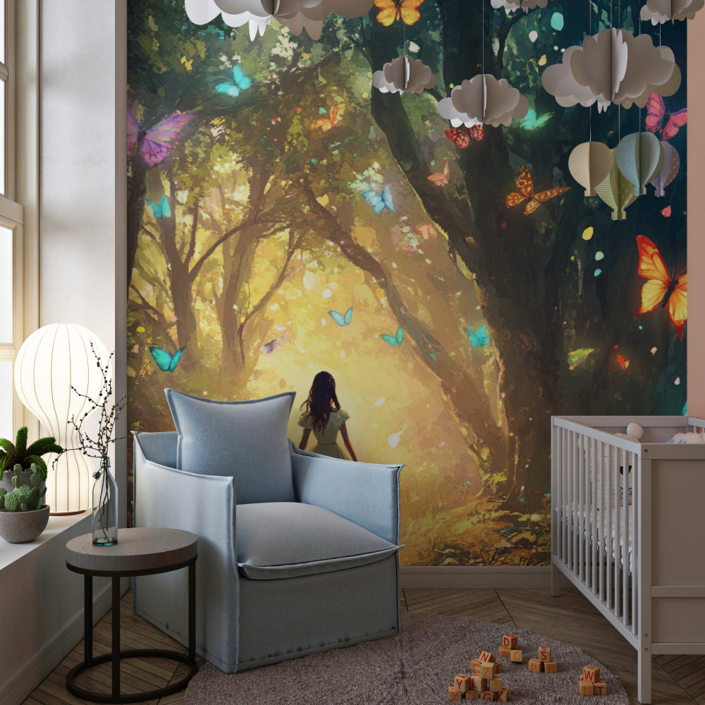 Magical forest mural with butterflies transforming a nursery into a fairy tale wonderland