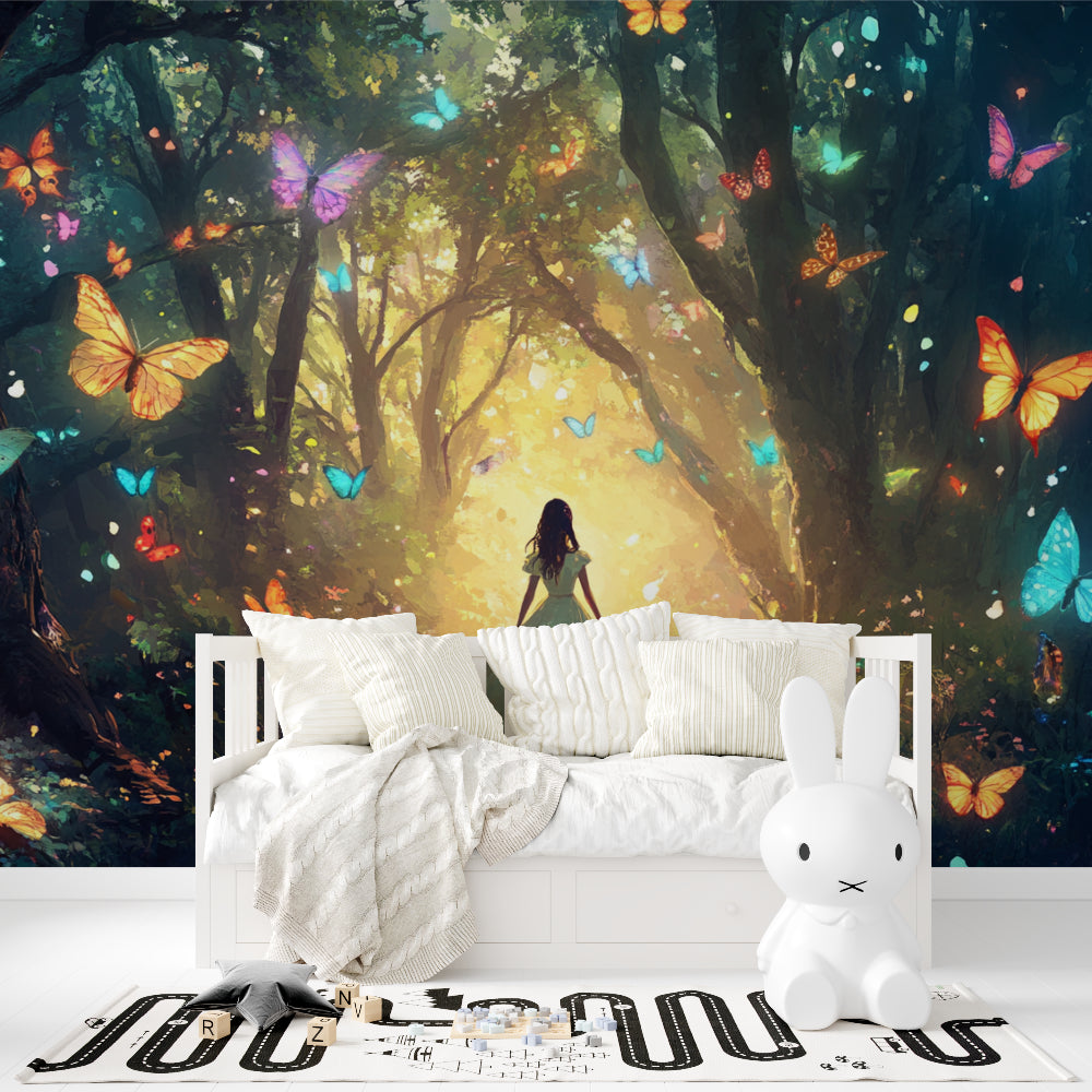 Enchanted forest wall mural showcasing golden sunlight effect in a playroom setting