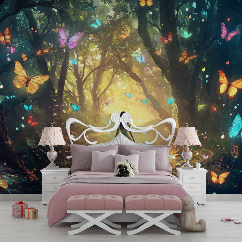 Fairy tale forest wallpaper creating depth in a cozy bedroom corner
