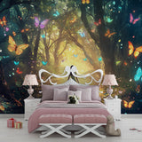 Fairy tale forest wallpaper creating depth in a cozy bedroom corner
