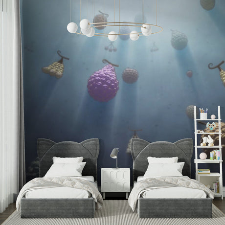 Magical fruits wallpaper creating wonder in a child's bedroom with floating purple and gold spheres