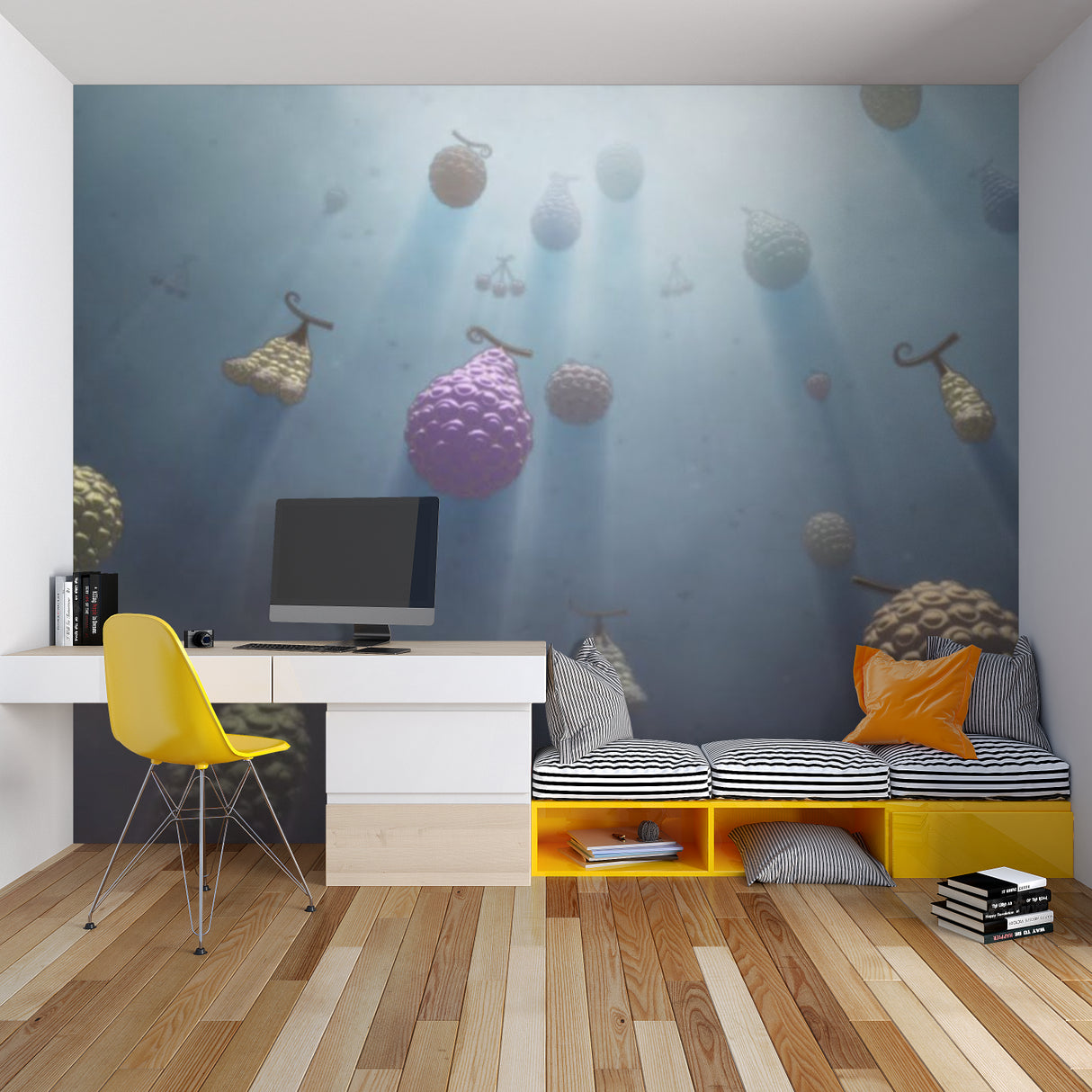 Fantasy fruit wall mural bringing life to a modern home office space