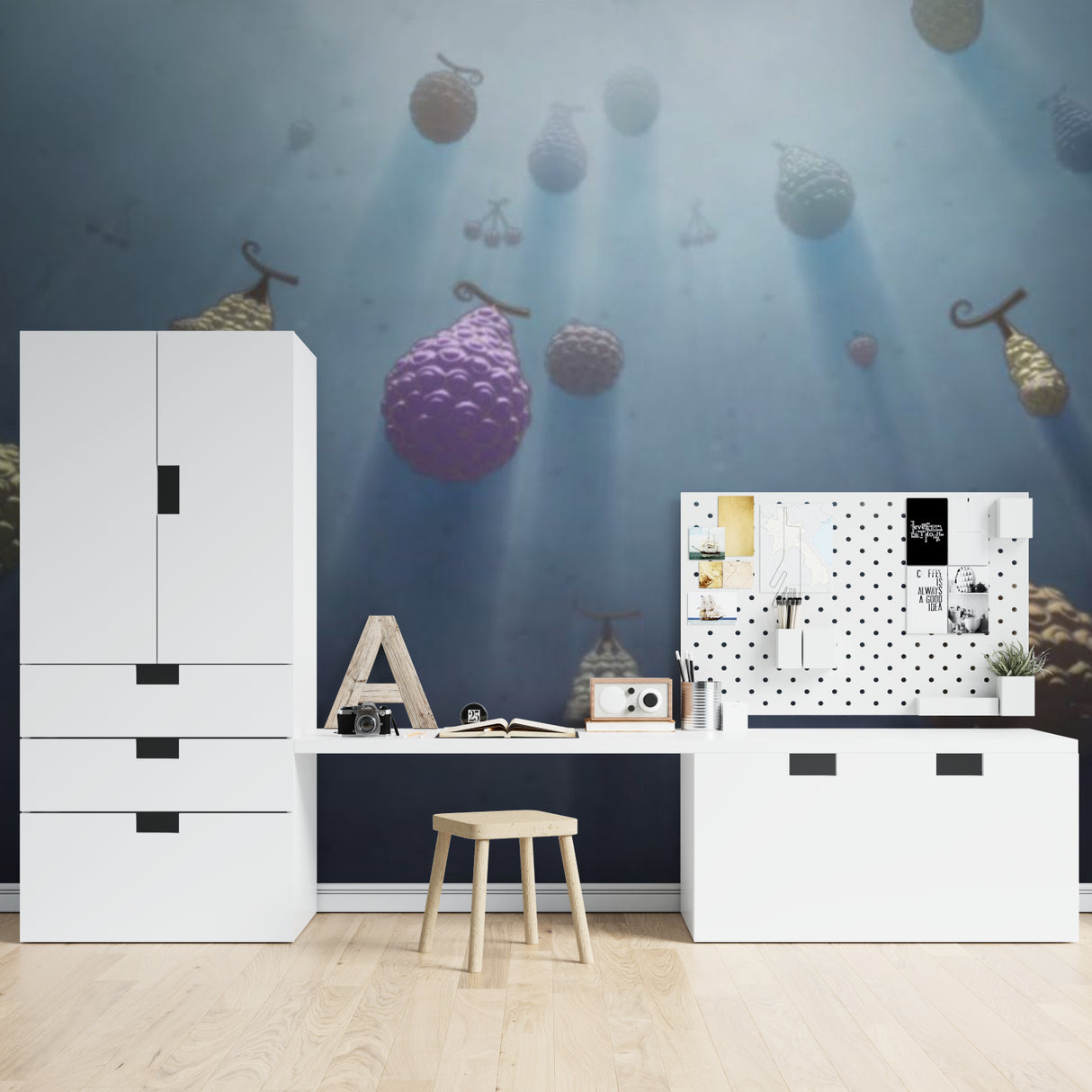 Dreamy blue wallpaper with magical floating fruits in a teen's study room