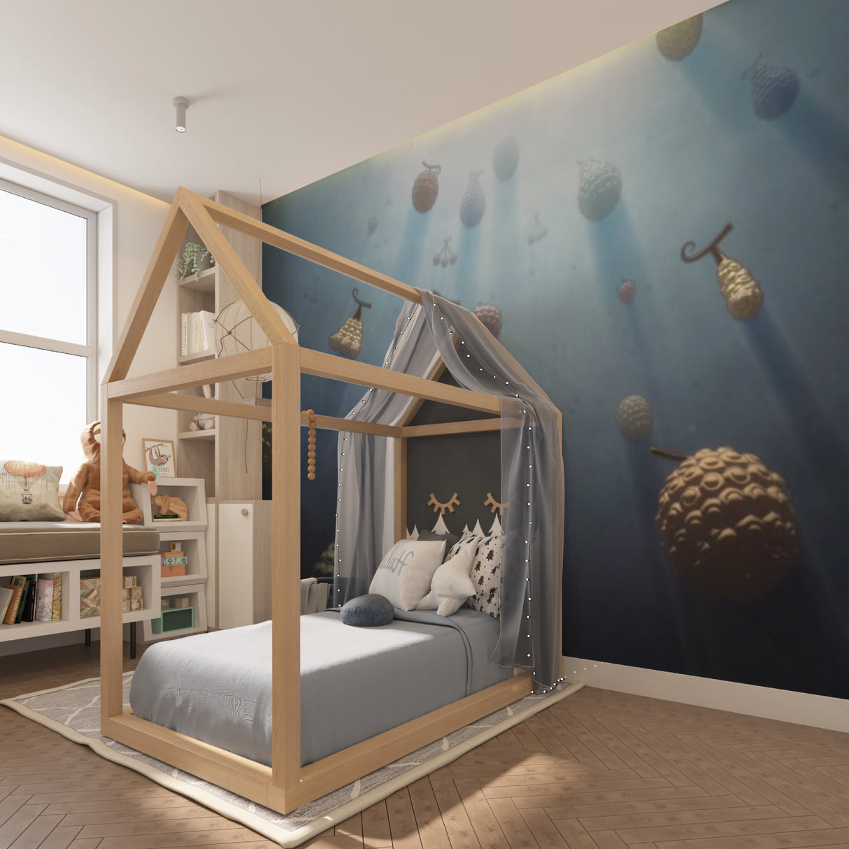 Enchanting fruit wallpaper design making a playroom wall pop with color