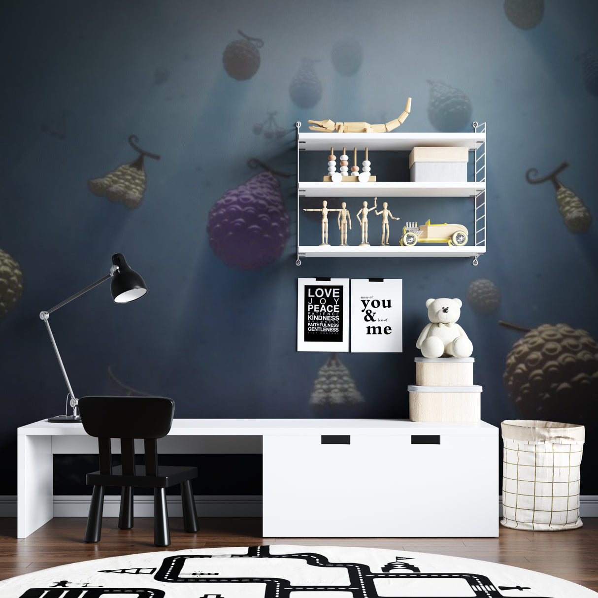 Magical fruit mural creating depth in a reading nook with blue tones
