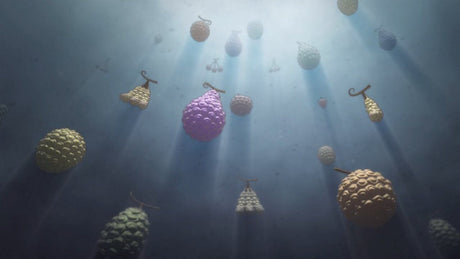 Design file showing detailed pattern of floating magical fruits on blue background
