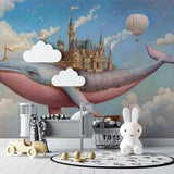 Flying whale fantasy wallpaper creating a magical atmosphere in a modern nursery with soft lighting
