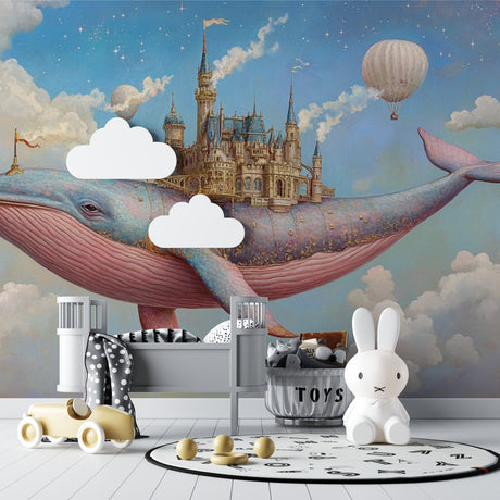 Flying whale fantasy wallpaper creating a magical atmosphere in a modern nursery with soft lighting