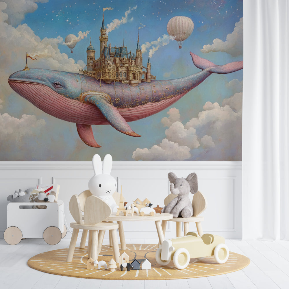 Dreamy whale castle mural transforming a children's bedroom with story-time corner