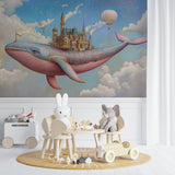 Dreamy whale castle mural transforming a children's bedroom with story-time corner
