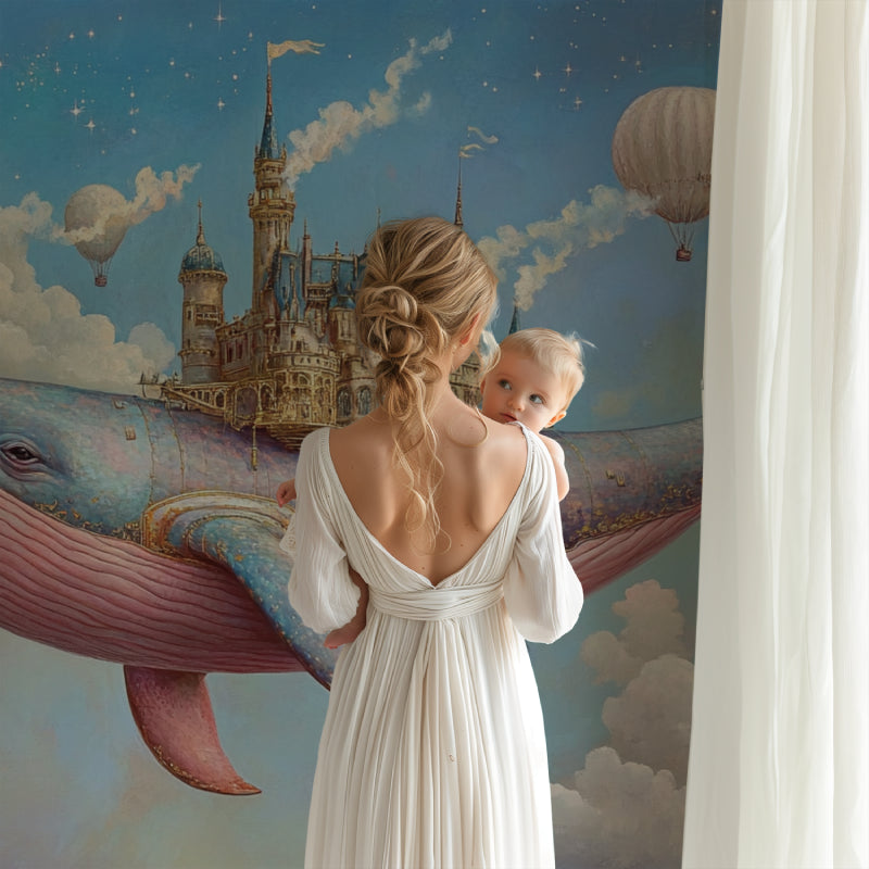 Fantasy whale wallpaper bringing magic to a play area with reading nook