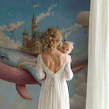 Fantasy whale wallpaper bringing magic to a play area with reading nook