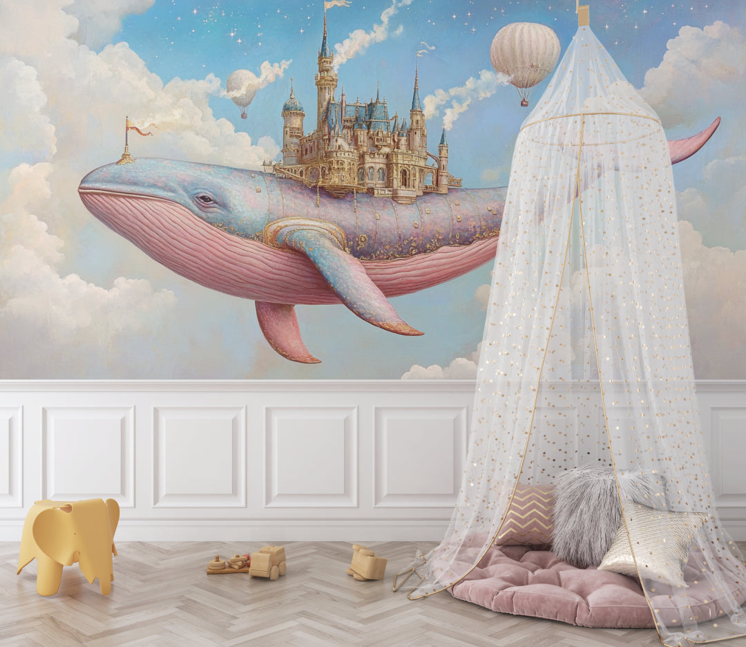 Magical whale and castle mural brightening a baby's room with gentle colors