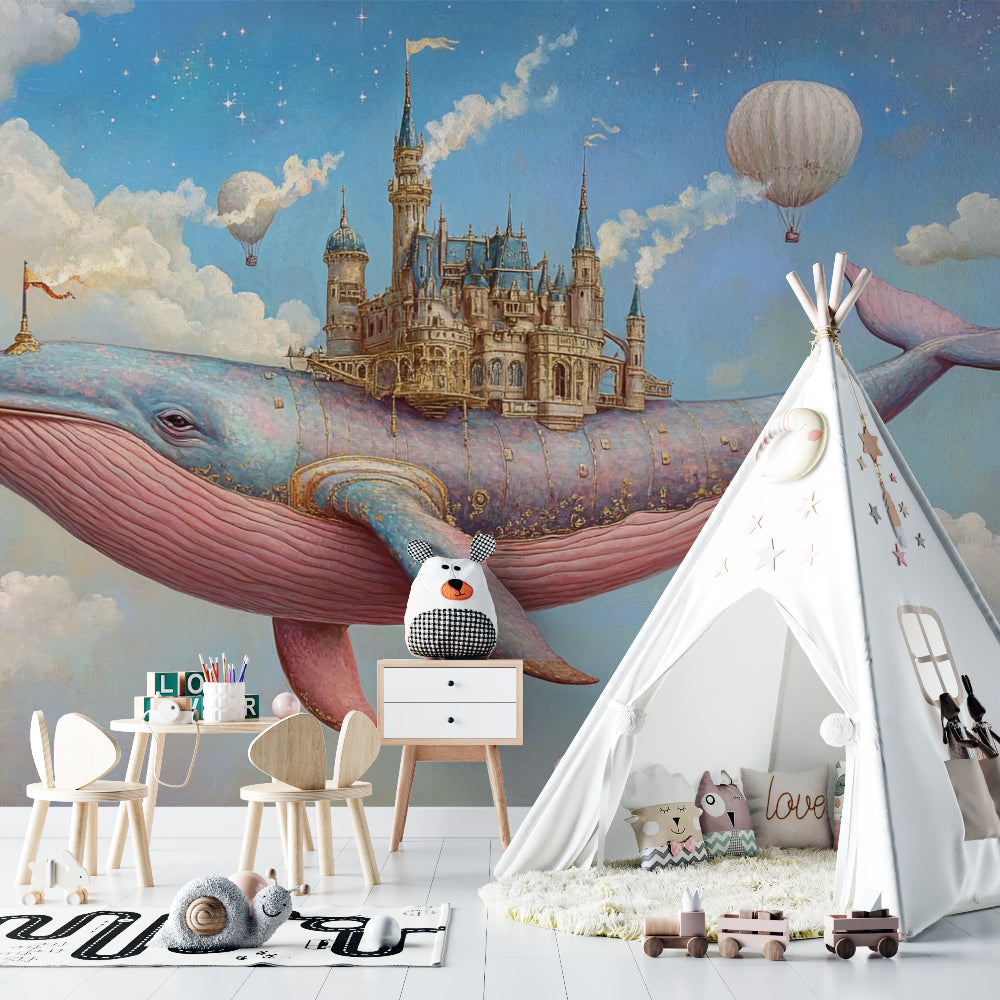Whimsical flying whale design displayed in a cozy bedroom setting