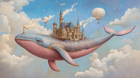 Design file showing detailed fantasy whale pattern with castle and hot air balloons
