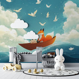 Whimsical fox mural wallpaper bringing life to a playroom with natural light streaming in