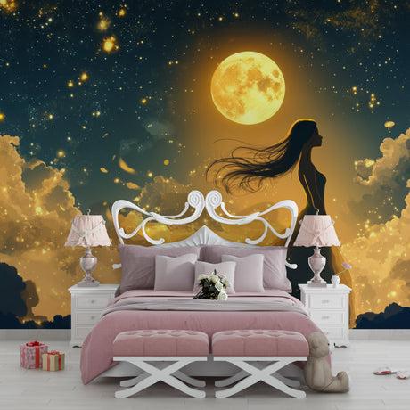 Princess wallpaper mural in cozy bedroom with soft lighting showing magical nighttime scene