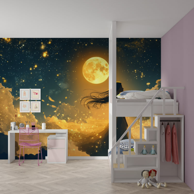 Moonlit princess wall mural creating magical atmosphere in teen bedroom
