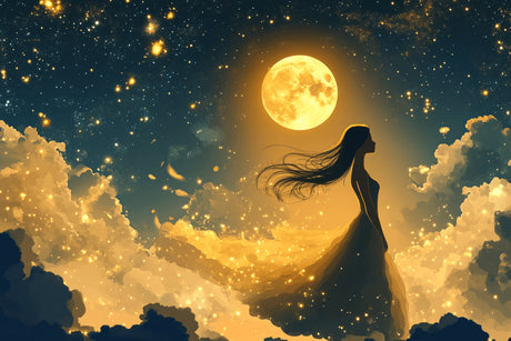 Design file showing princess silhouette against starry night sky with golden moon and floating elements