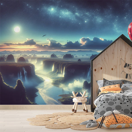 Fantasy waterfall wallpaper with hot air balloon creating magic in a cozy bedroom, perfect for sweet dreams and storytelling