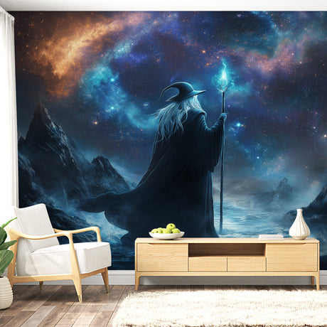 Fantasy wizard wallpaper transforms a modern bedroom into a magical realm with swirling galaxies and mystical elements