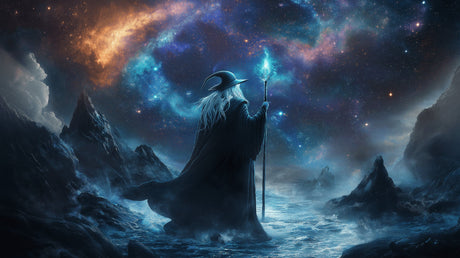 Mystical wizard wallpaper design file showing enchanted figure under cosmic sky with detailed celestial patterns