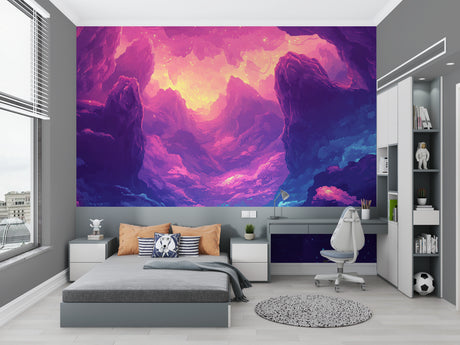 Purple Mountain Fantasy Wallpaper in modern living room with grey sofa, showing scale and magical atmosphere