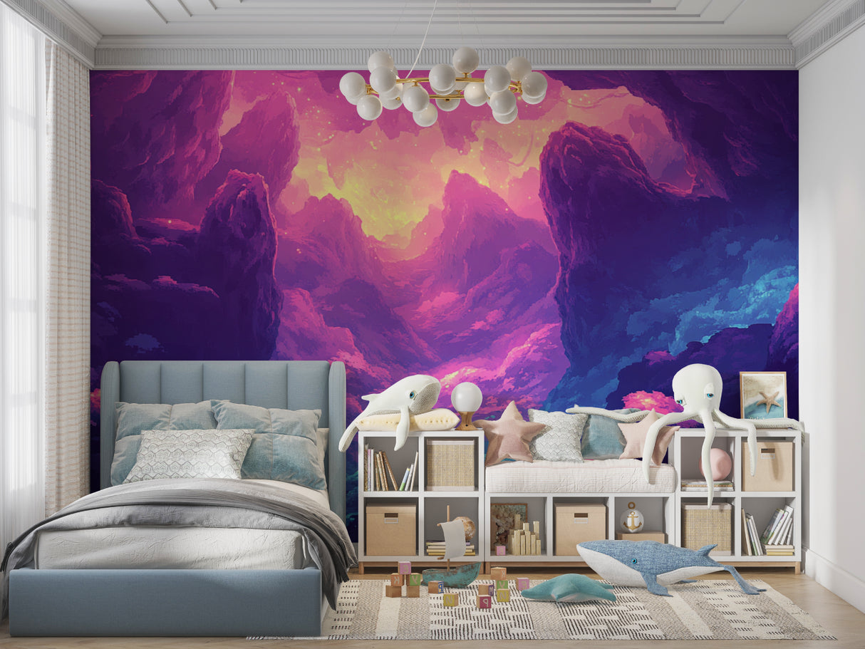 Fantasy Mountain Mural in teen bedroom, purple sunset tones creating cozy ambiance