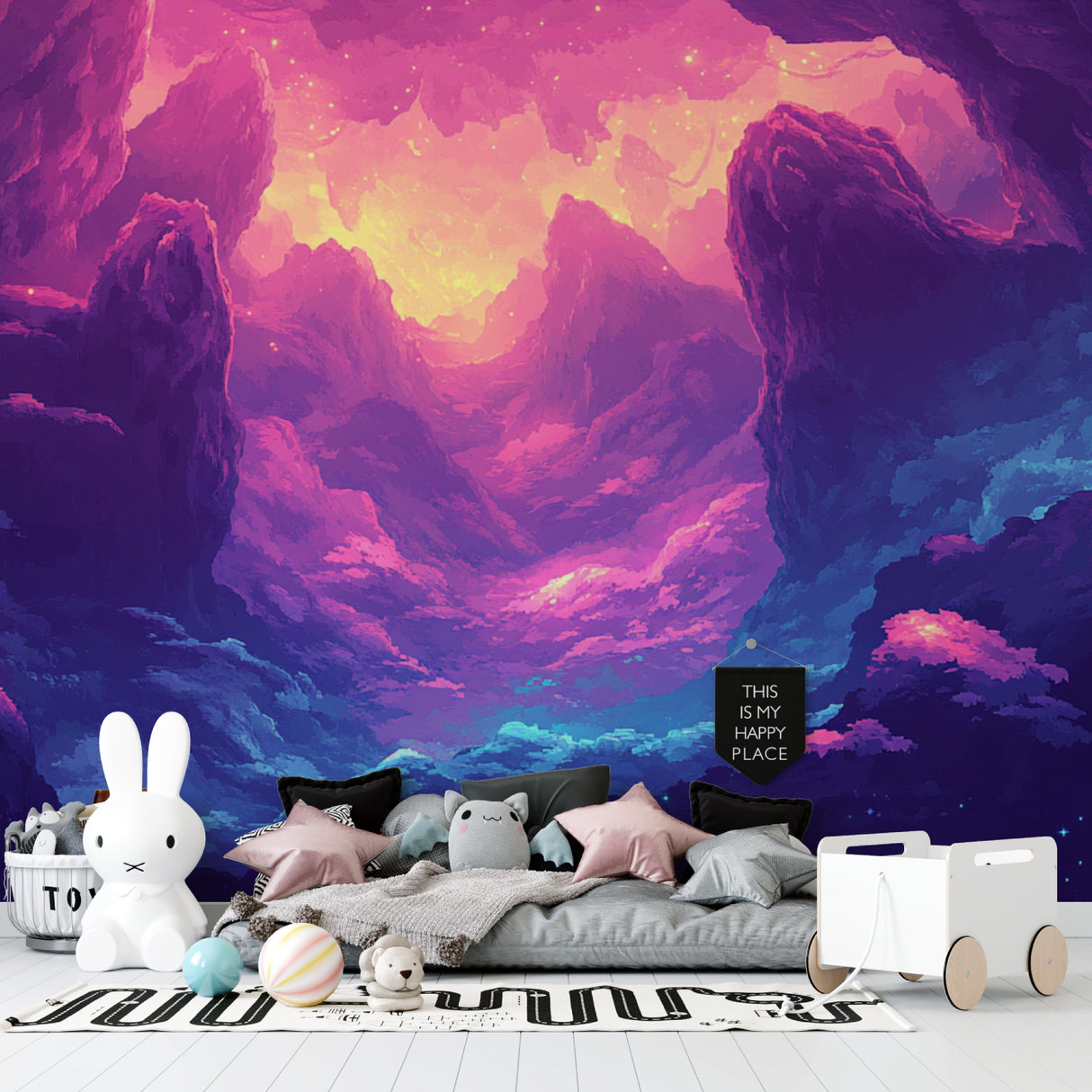 Purple Sunset Mountain Wallpaper in gaming room with LED lighting enhancing magical effect