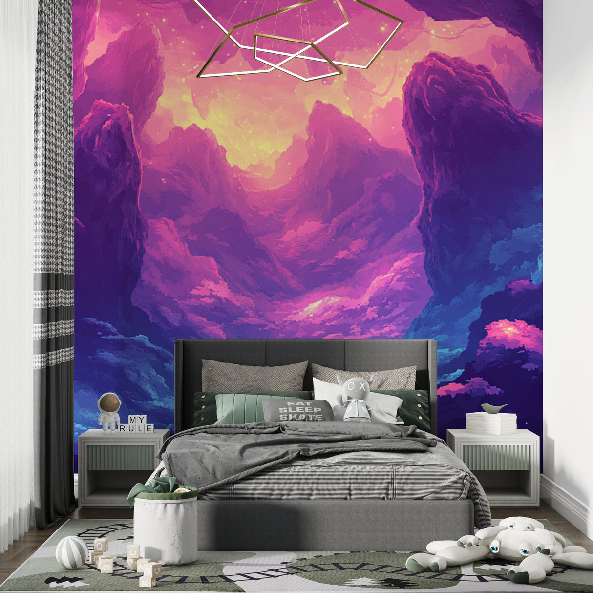 Mountain Fantasy Mural in home office showing depth and dimension of purple peaks