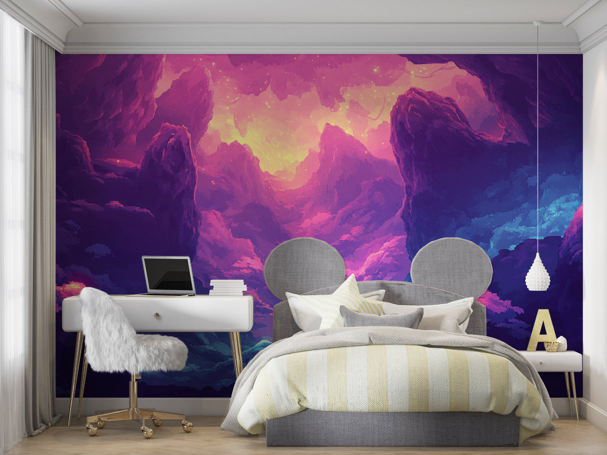 Fantasy Landscape Wallpaper in meditation room highlighting peaceful purple tones