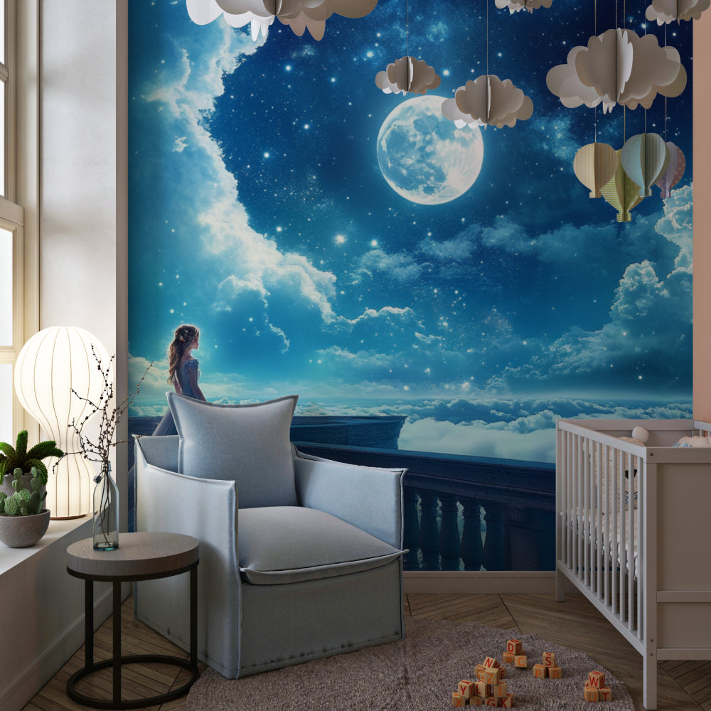 Fantasy princess wallpaper transforming playroom with enchanting night sky scene