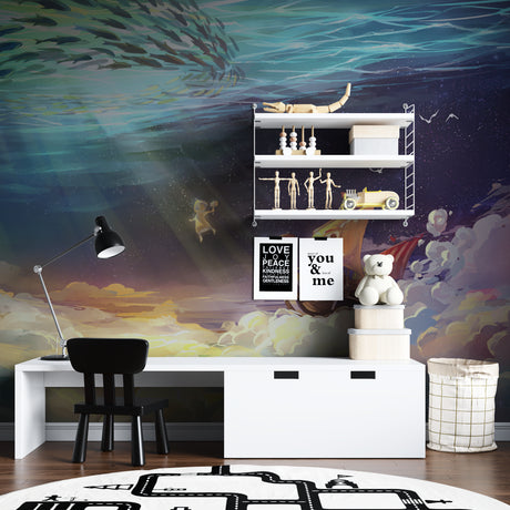 Fantasy ocean wallpaper creating depth in a modern bedroom, showing the blend of underwater scenes and starlit sky