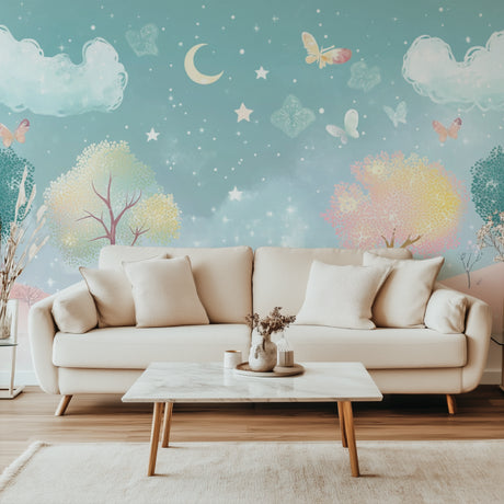 Fantasy Tree Wallpaper in cozy nursery with soft lighting highlighting butterflies and stars