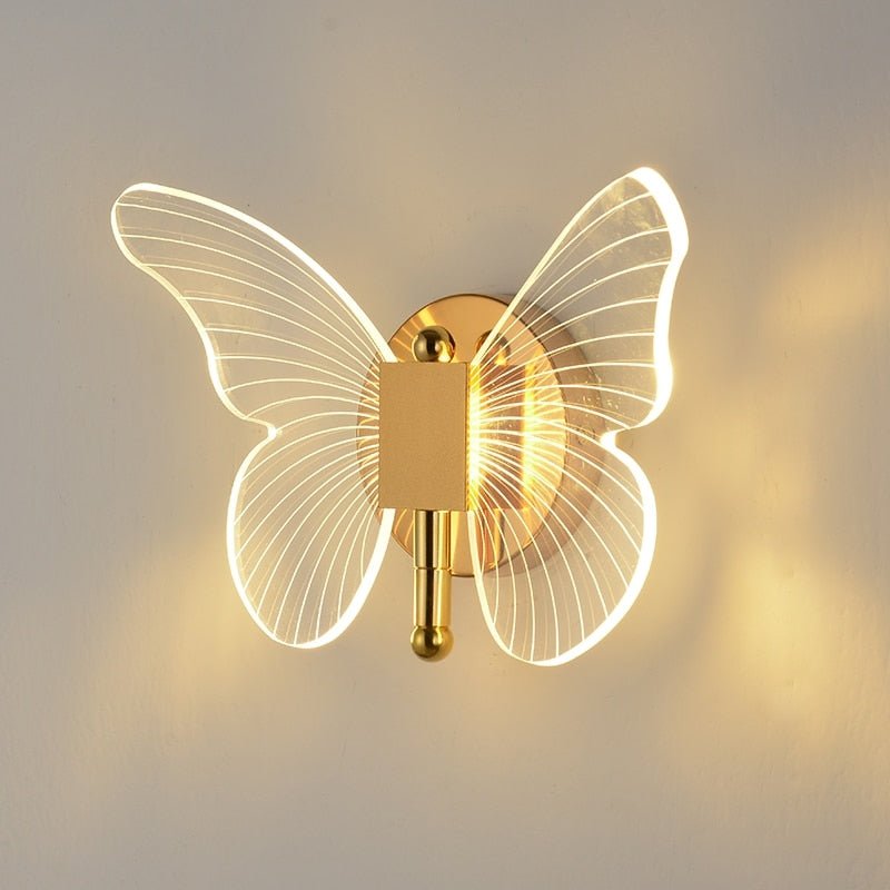 Butterfly Wall Light  Acrylic Wings Gold Frame - Detailed view