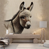 Farm animal wallpaper showcasing donkey portrait in a modern farmhouse living room with natural light