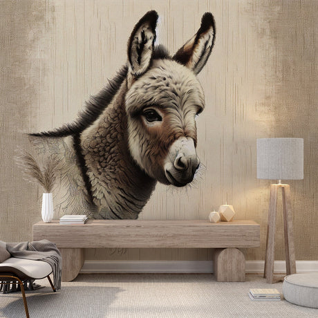 Farm animal wallpaper showcasing donkey portrait in a modern farmhouse living room with natural light