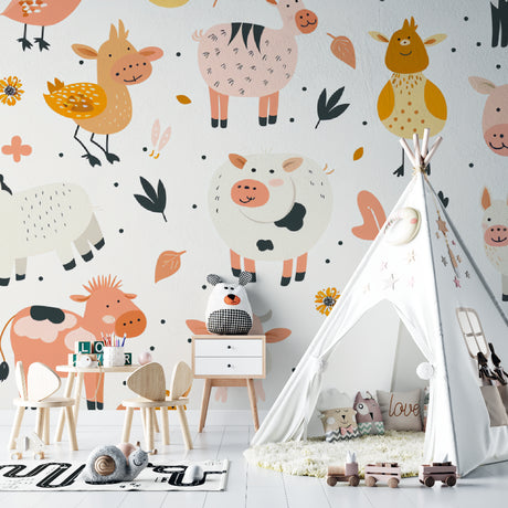 Farm animals wallpaper in a bright nursery with white furniture, showing playful pastel animals above the crib