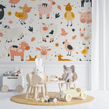 Kids bedroom with farm animals mural wallpaper, featuring soft lighting and wooden toys