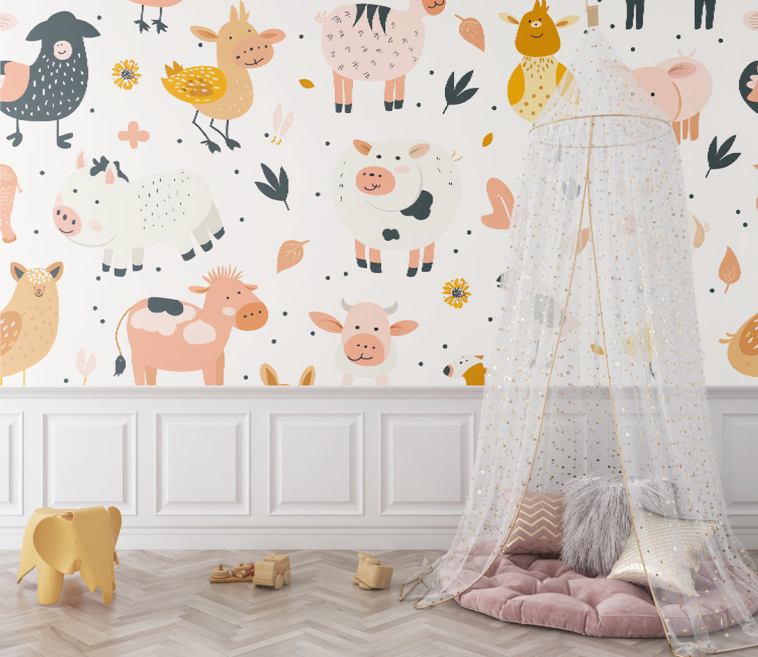 Playroom setup with pastel farm animals wallpaper creating a fun learning corner